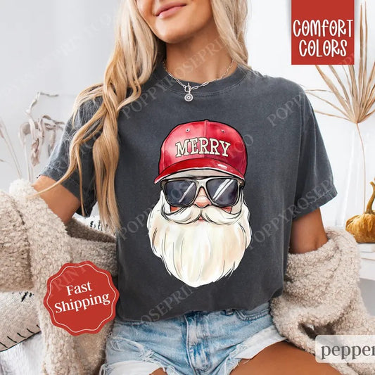 Cool Santa Shirt Comfort Colors, Preppy Christmas Tshirt,  Womens Holiday Tee