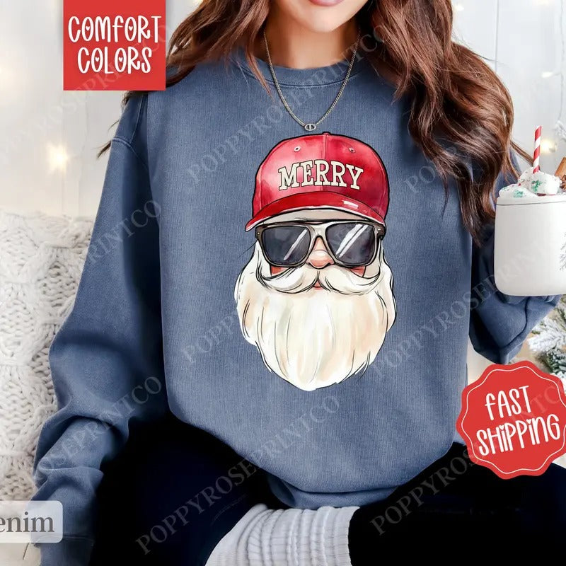 Cool Santa Sweatshirt Comfort Colors, Preppy Christmas Sweater,  Womens Holiday Crewneck
