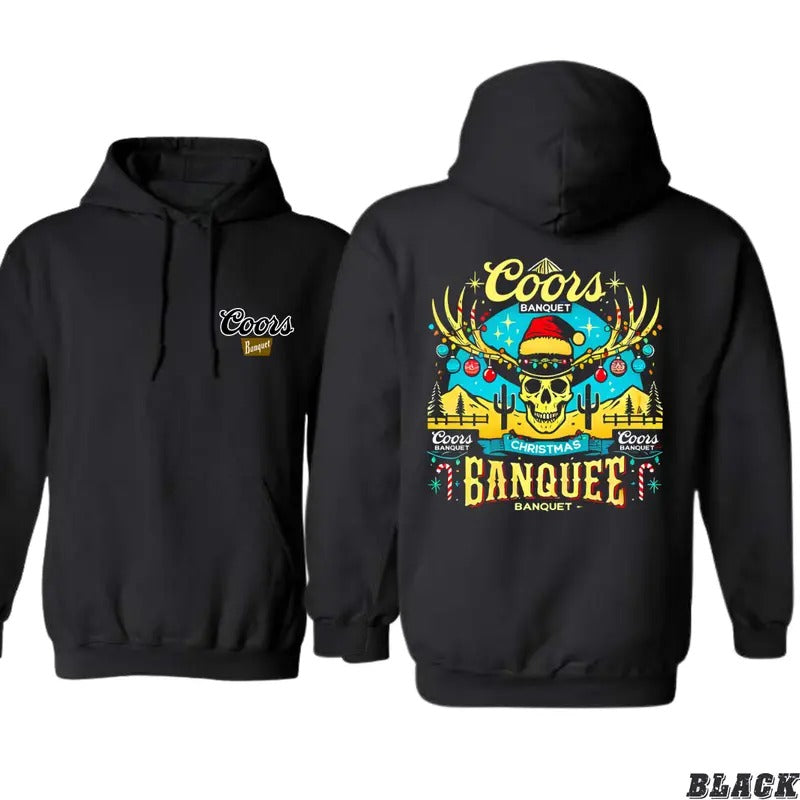 Coors Banquet Christmas Hoodie - Festive Skull and Antlers Design with Holiday Vibes for Men - Sweaters, Menswear