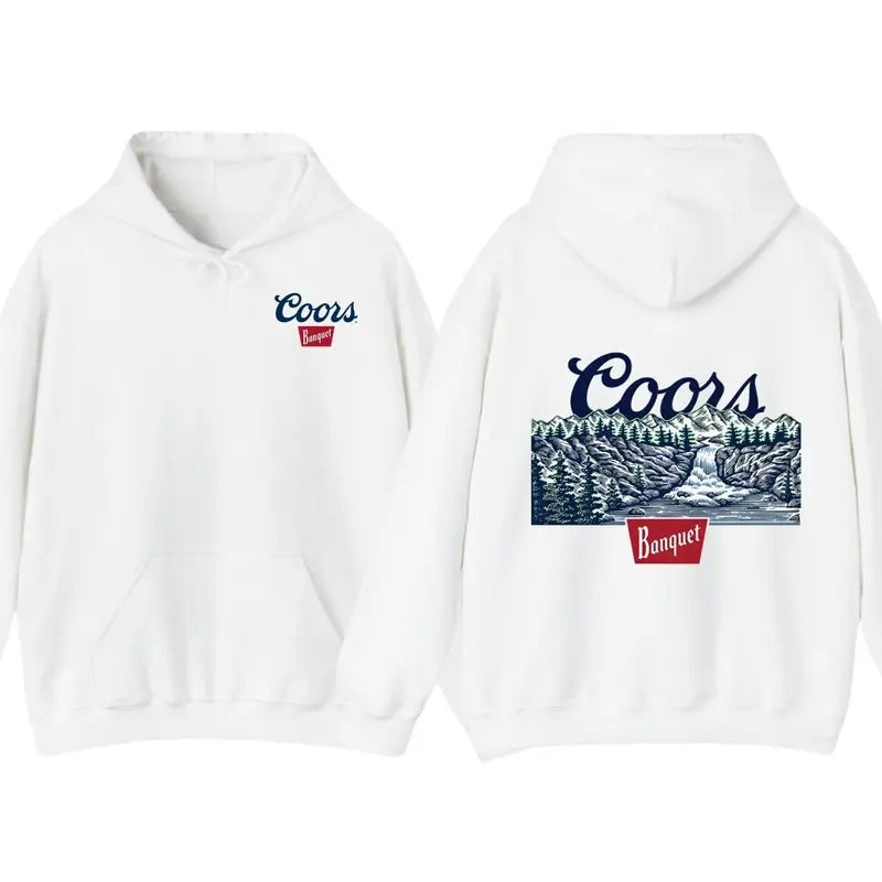 Coors Banquet Mountain Hoodie, Scenic Wilderness Graphic with Iconic Logo, Cozy Dark Green Pullover for Outdoor Enthusiasts, Unisex Fit for Casual Wear, Perfect for Nature Lovers Cotton Classic Long Sleeve