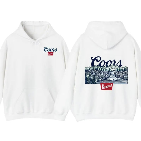 Coors Banquet Mountain Hoodie, Scenic Wilderness Graphic with Iconic Logo, Cozy Dark Green Pullover for Outdoor Enthusiasts, Unisex Fit for Casual Wear, Perfect for Nature Lovers Cotton Classic Long Sleeve