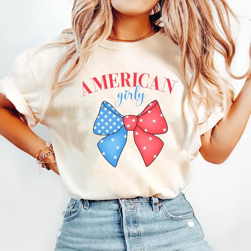 Coquette 4Th Of July T-Shirt, America T-Shirt, Usa T-Shirt, American Girly T-Shirt, American Flag T-Shirt Top Womenswear
