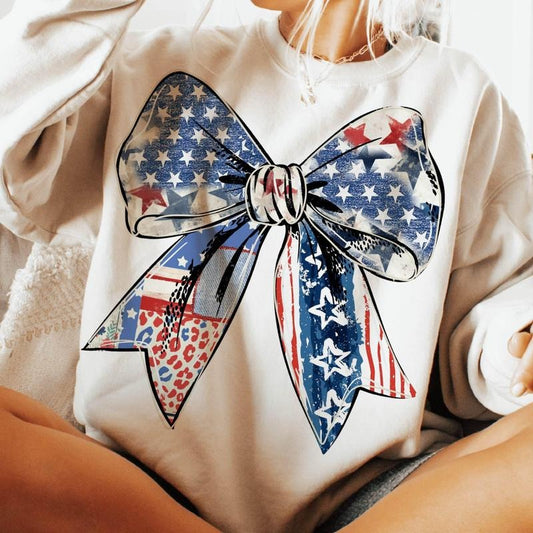Coquette 4th of July Bow Shirt American Flag Patriotic Girl Graphic Tee USA Aesthetic T-Shirt 100% Cotton