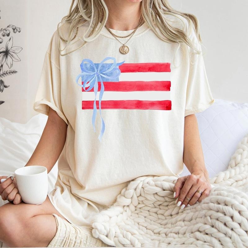 Coquette 4th of July Shirt, American Flag Shirt, USA T shirt, Women's Shirt, Retro 4th of July Shirt, Trendy Summer Shirts, Coquette Bow Tee, Comfort Colors T Shirt