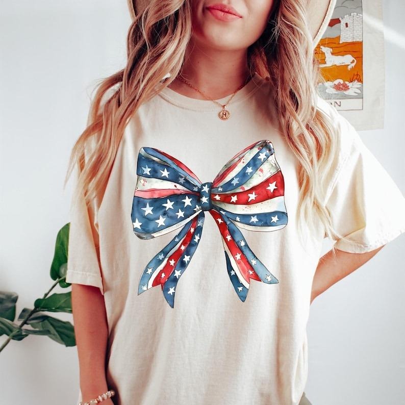 Coquette 4th of July Tshirt, American Flag Shirt, USA Tshirt, Retro 4th of July T-Shirt, Trendy Summer Shirt, Coquette Bow Tee, Patriotic Tee