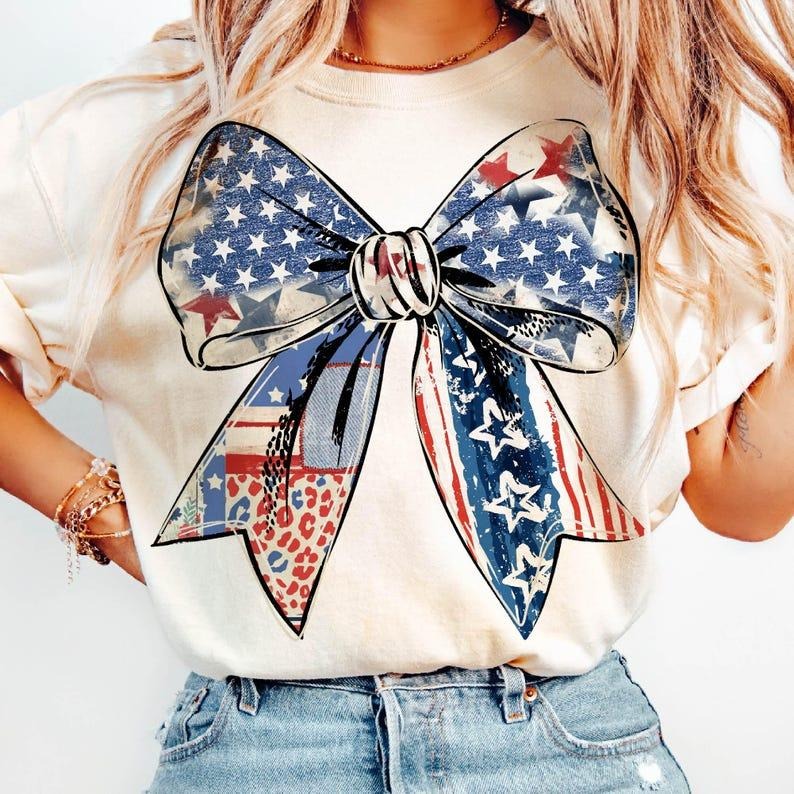 Coquette American Girl Tshirt, Coquette Bow Shirt, 4th of July Tee, Freedom, American Flag 4th of July Shirtstyle{n002}2