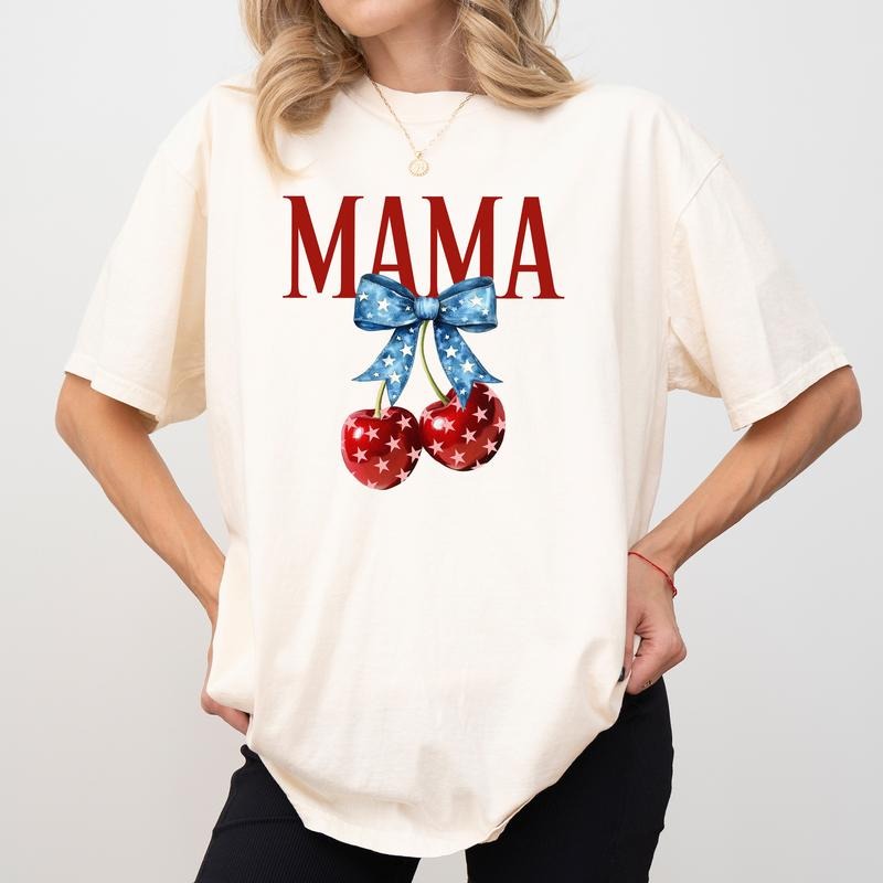 Coquette American Mama Comfort Colors Shirt, Proud Mom T-shirt, Cherry Mama Graphic Tee, 4th Of July Mom Clothing, Gift For Mom, Mother's Day Gifts