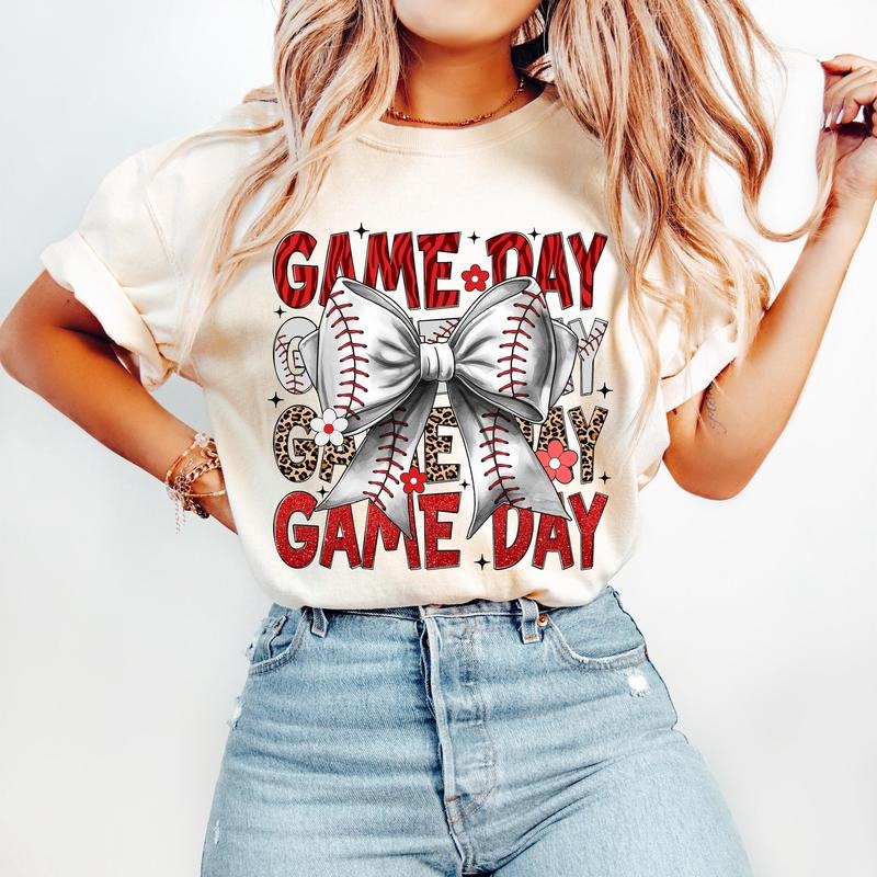 Coquette Baseball T-Shirt, Game Day Baseball T-Shirt, Baseball Mama Bow T-Shirt, Glitter, Leopard Print, Baseball Mom T-Shirt, Retro Baseball T-Shirt
