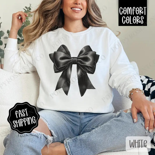 Coquette Black Bow Comfort Colors Sweatshirt, Cute Bow Women's Crewneck, Trendy Coquette Women's Sweater, Gift for Her