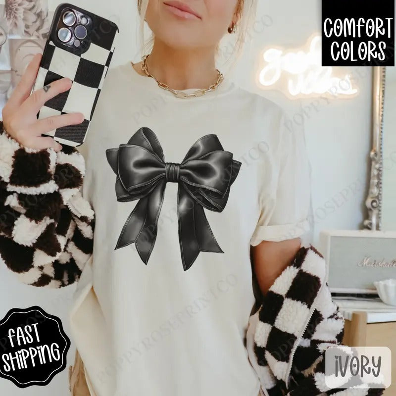 Coquette Black Bow Shirt Comfort Colors, Cute Bow Tshirt, Trendy Coquette Women's Tee, Gift for Her
