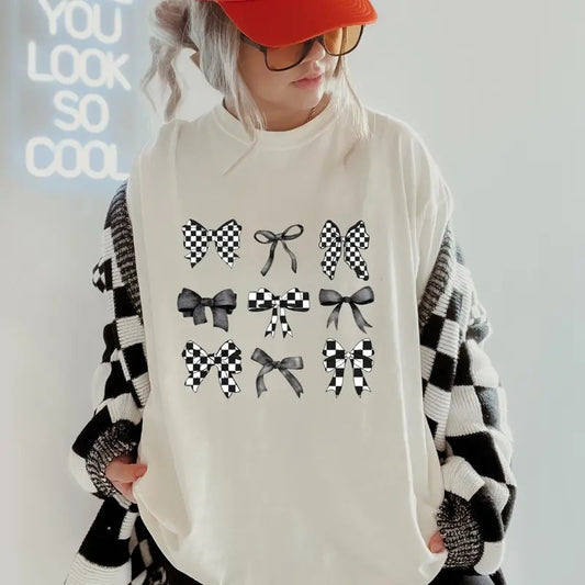 Coquette Black Bow Shirt, Comfort Colors,Black Checkered Bows Shirt, Women's Band Graphic Tee, Casual Comfy Graphic