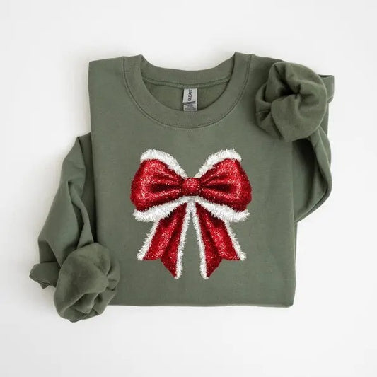 Coquette Bow Christmas Sweatshirt,hoodie, Christmas Bow T-Shirt, Cute Christmas sweatshirt, Girly Christmas Sweater, Faux Glitter Shirt, Holiday Gift