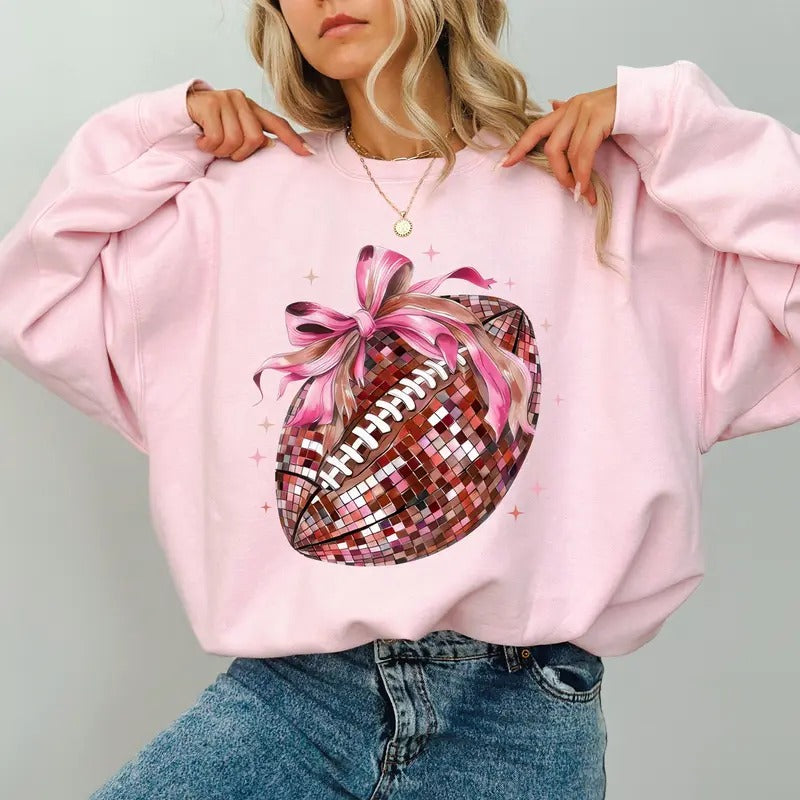 Coquette Bow Disco Football Sweatshirt, Football Crewneck for Girls, Cheer Squad Sweatshirt For Women, Touchdown Season Crewneck, Game Day Sweater, Fall Sports Tops, Comfy Long Sleeve Pullover, Women's Tops, Casual Womenswear, Comfort Fabric Cotton Top
