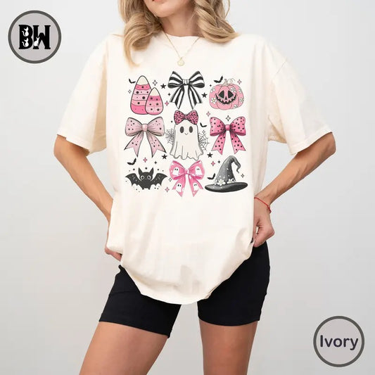 Coquette Bow Halloween Comfort Color Shirt, Coquette Halloween Bow Shirt, Pink Halloween Sublimation Ghost Pumpkin Shirt,  Spooky Season Shirt, Halloween Shirt