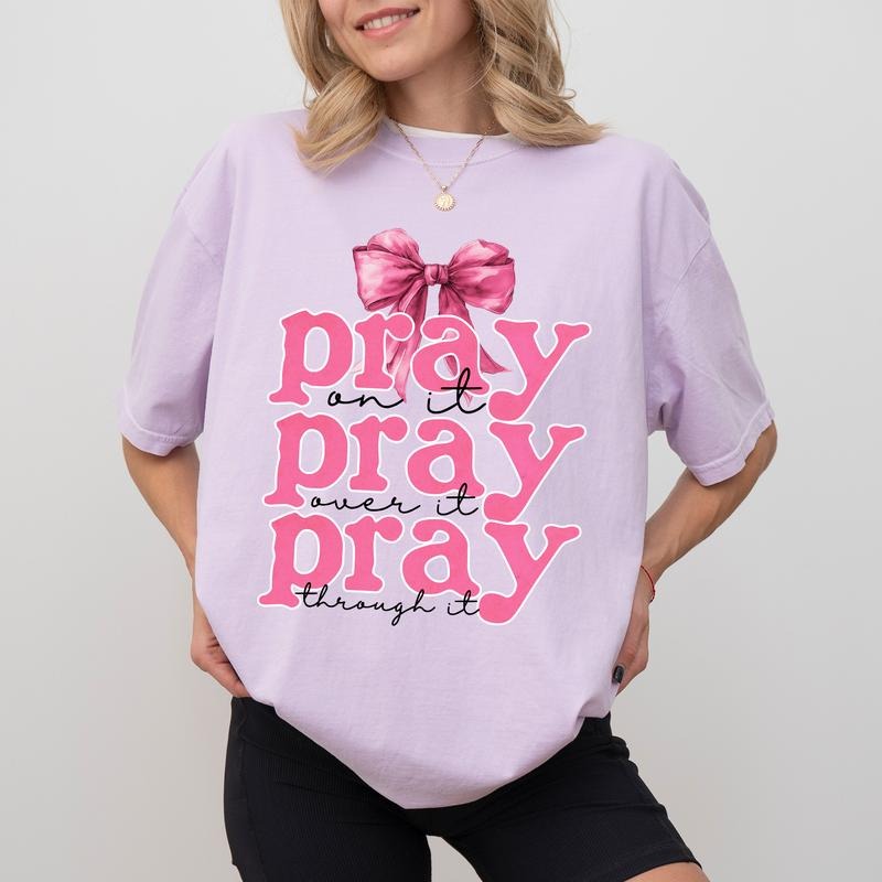 Coquette Bow Pink Sweatshirt, Pray on it Sweater, Religious Crewneck, Bible Verse Gift for Christian, Faith Based Apparel...