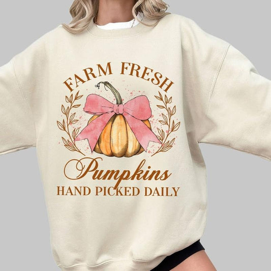 Coquette Bow Pumpkin Shirt, Farm Fresh Pumpkins, Vintage Fall Pumpkins TShirt, Thanksgiving Pumpkins Tee, Fall Shirt for Mom, Pumpkins Gift Tee, Coquette Pink Bow Halloween, Comfort Shirt for Women, Halloween Pumpkin for Mama, Women Top