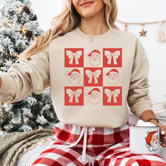 Coquette Bow Santa Claus Christmas Sweatshirt, Checkered Santa Xmas T-shirt, Vintage Christmas Shirt, Christmas Vibes Hoodie, Xmas Gifts