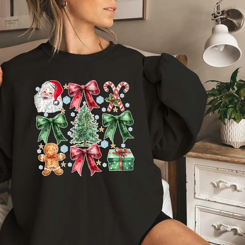 Coquette Bow Santa Shirt, Merry Christmas Shirt, Santa Claus Shirt, Christmas Gift, Christmas Sweatshirt, Santa Shirt, Christmas Shirts for Women, Retro Christmas, Christmas Gift Holiday Sweatshirt, Christmas Clothes, Christmas Vibes, Christmas Season