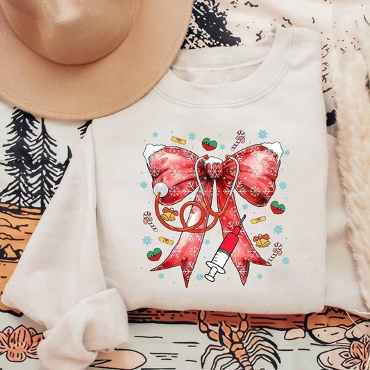 Coquette Bow Stethoscope Nurse Christmas Sweatshirt, Merry Nurse Shirt, Christmas Nurse Shirt, Xmas Gift For Nurse, Unisex Shirt