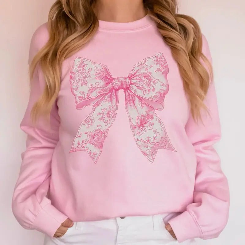 Coquette Bow Sweatshirt, Love Toile de Jouy Pink Bow Sweatshirt, Fancy Chinoiserie Print Shirt, Coquette Aesthetic Bow...