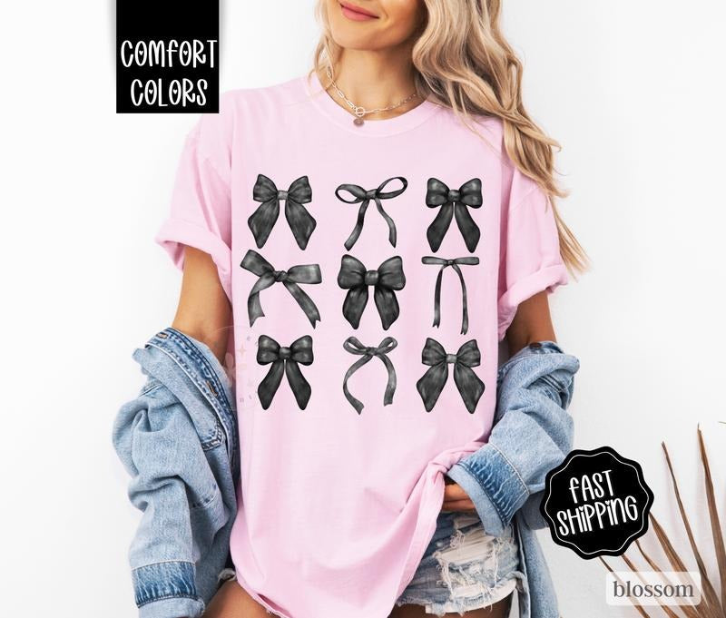 Coquette Bows Comfort Colors Shirt, Black Bow Tshirt, Cute Women's Tee