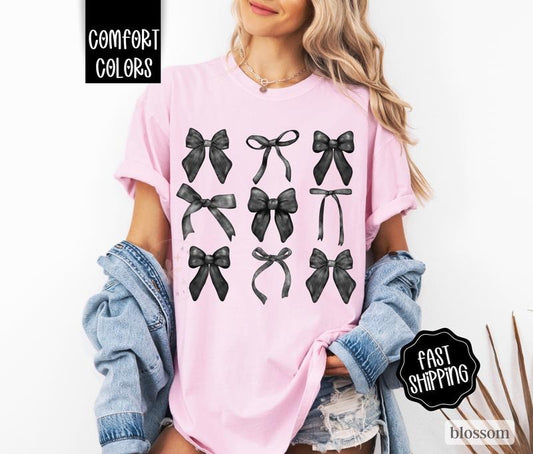 Coquette Bows Comfort Colors Shirt, Black Bow Tshirt, Cute Women's Tee