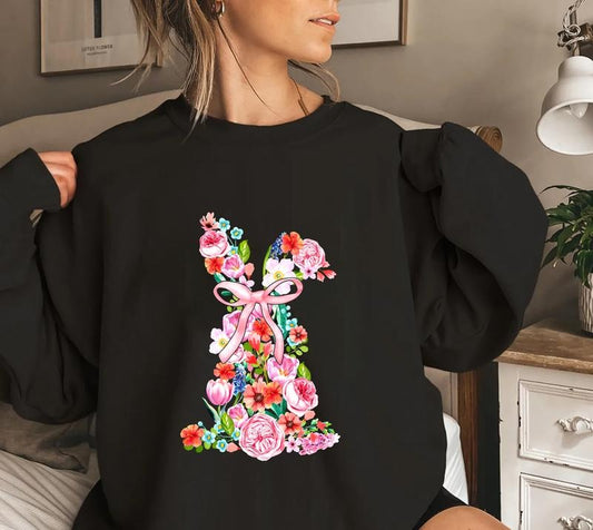 Coquette Bunny Easter Sweatshirt, Floral Bunny Coquette Bow T-Shirt, Spring Flowers Bunny T-Shirt, Easter Rabbit Flower...