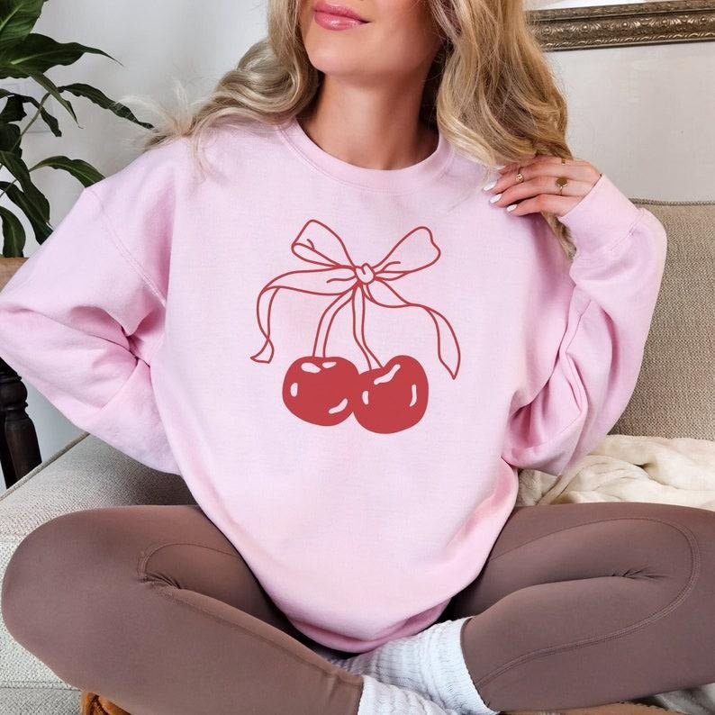 Coquette Cherries With Bow Sweatshirt Coquette Aesthetic Preppy Crewneck Coquette Girl Trendy Sweatshirt Coquette...