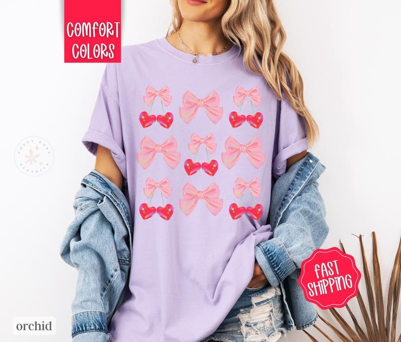 Coquette Cherry Comfort Colors Shirt, Bow Tshirt, Women's Tee