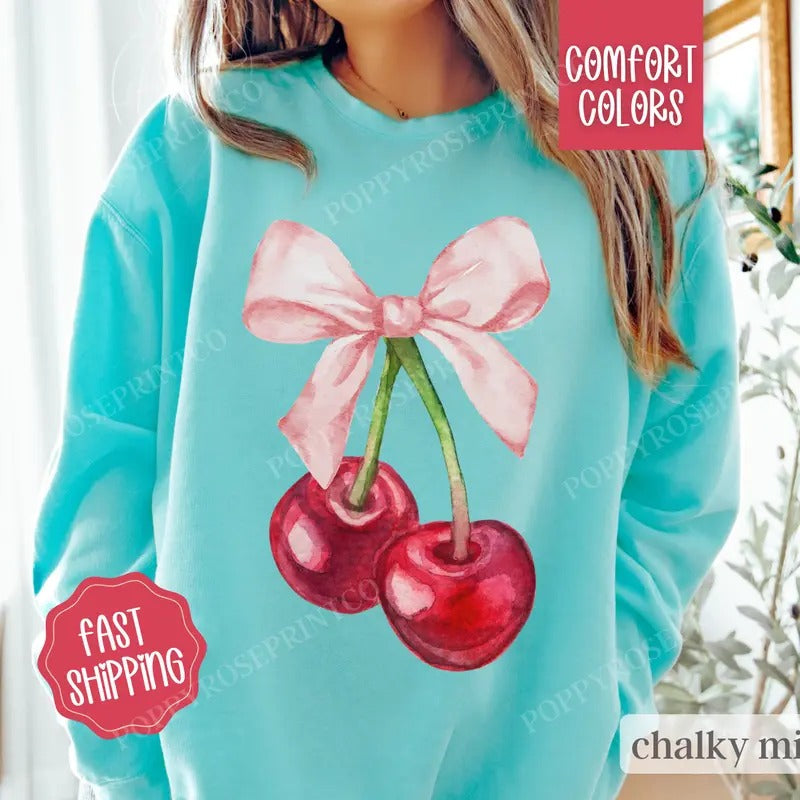 Coquette Cherry Sweatshirt Comfort Colors, Fall Sweater Womenswear Crewneck