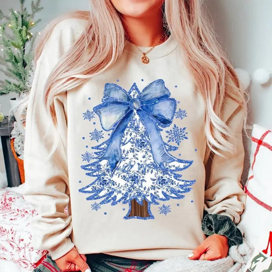 Coquette Chinoiserie Christmas Tree Sweatshirt, Coquette Blue Christmas Tree Sweater, Blue Floral Bow Shirt, Winter Holiday Shirt, Xmas Christmas Gift Shirt, Girly Christmas Shirt