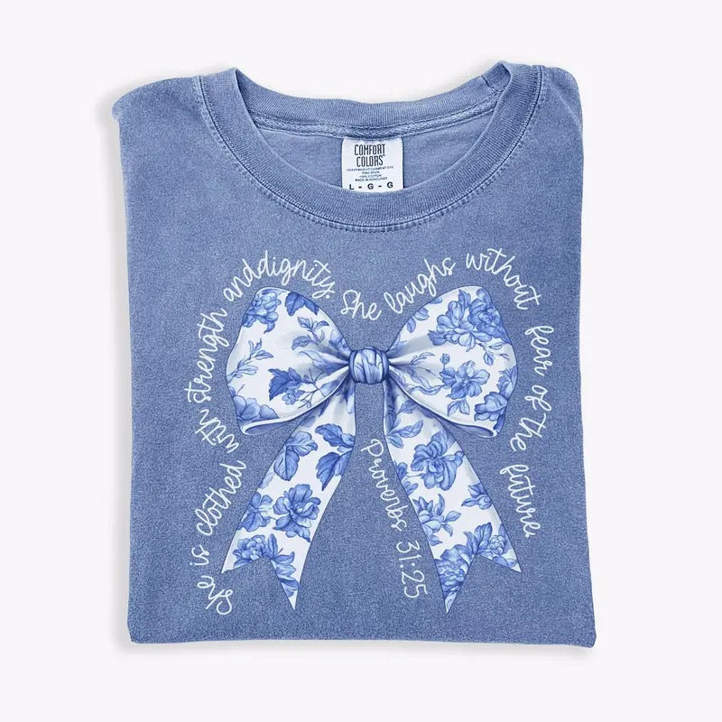 Coquette Christian Comfort Colors Shirt, Blue Toile Bow Bible Verse Shirt, Trendy Christian Apparel Gift for Mom, Religious Shirt for Church