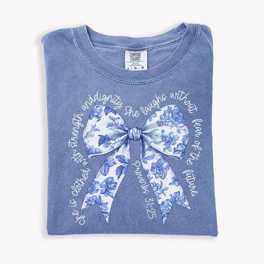 Coquette Christian Comfort Colors Shirt, Blue Toile Bow Bible Verse Shirt, Trendy Christian Apparel Gift for Mom, Religious Shirt for Church