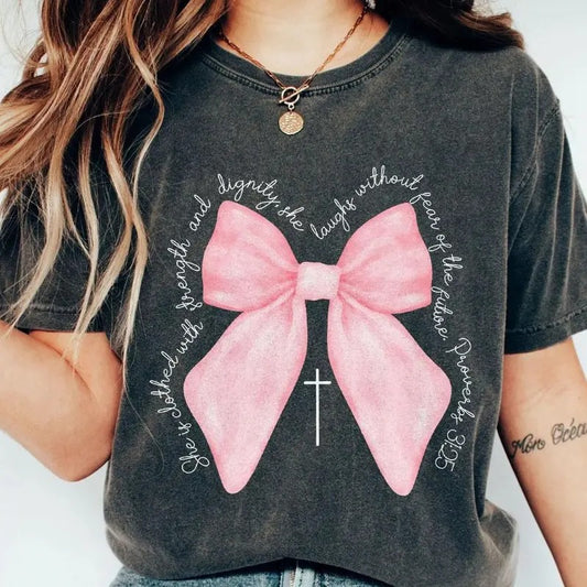 Coquette Christian Shirt, Proverbs She is Clothed with Strength Coquette Bow T-Shirt, Christian Sweatshirt, Christian Shirts For Women, Coquette Bible Verse Shirt, Comfort Women Top