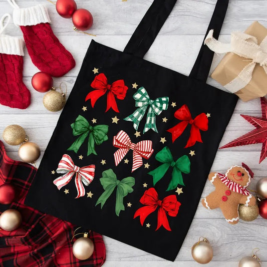 Coquette Christma Bows Tote, Cotton Canvas Holiday Tote Bag