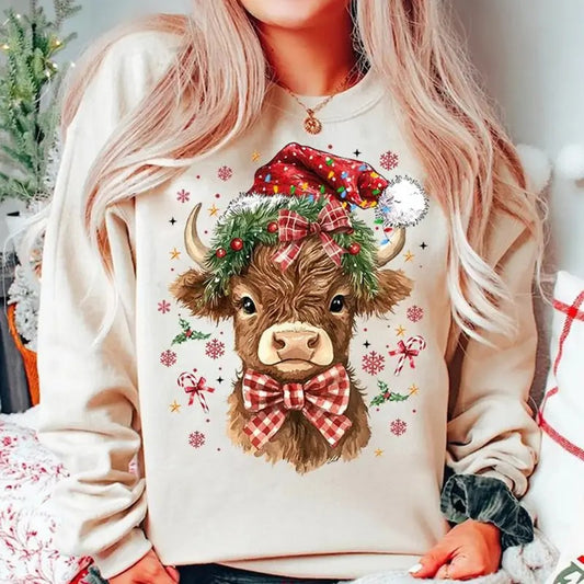 Coquette Christmas Highland Cow Sweatshirt, Western Cow Christmas T-Shirt, Howdy Christmas Tee Shirt, Coquette Xmas Cow Shirt, Holiday Christmas Gift