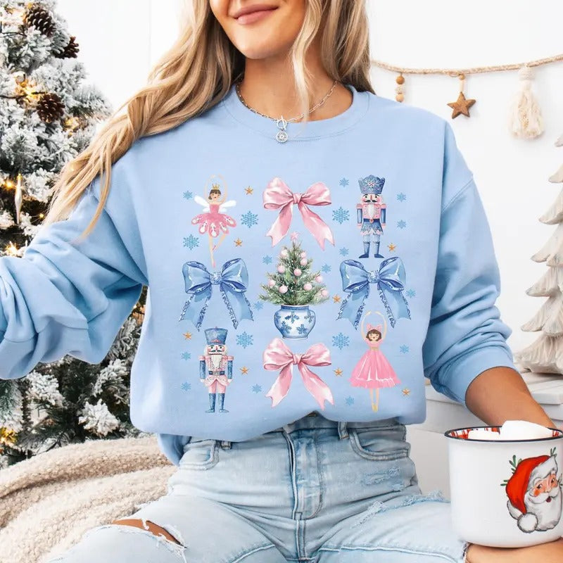 Coquette Christmas Sweatshirt | Festive Holiday Crewneck | Soft Girl Christmas Sweater | Pretty Pink Bows, Santas and Gingerbread - Cotton, Fabric Womenswear Fit