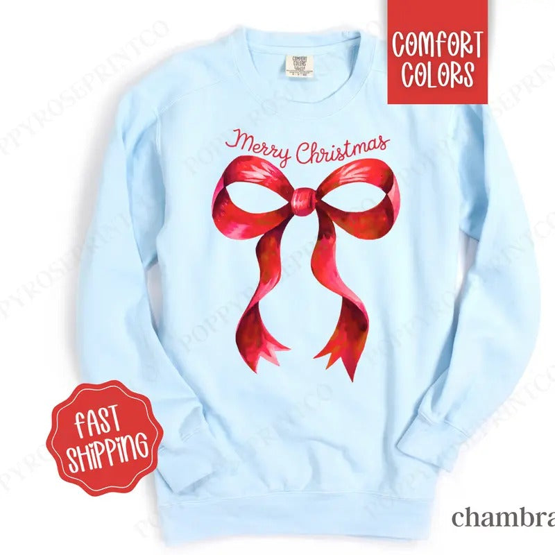 Coquette Christmas Sweatshirt Comfort Colors, Preppy Merry Christmas Sweater,  Womens Holiday Crewneck