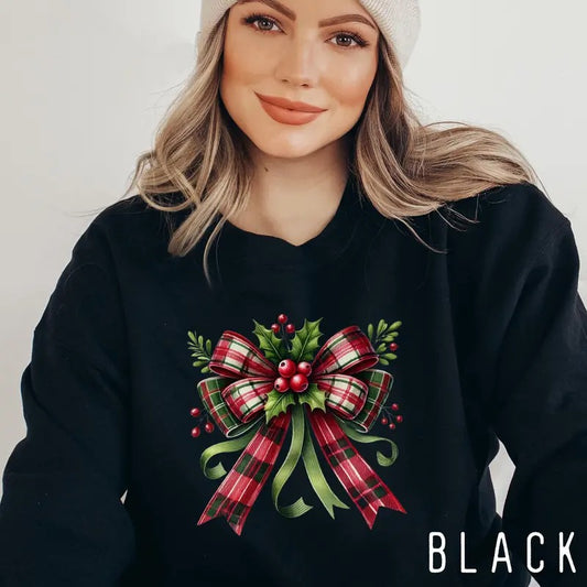 Coquette Christmas Sweatshirt, Christmas Bow Sweater, Holiday Crewneck, Cute Winter Sweatshirt, Women's Holiday Party Shirt, Retro Christmasstyle{n002}2