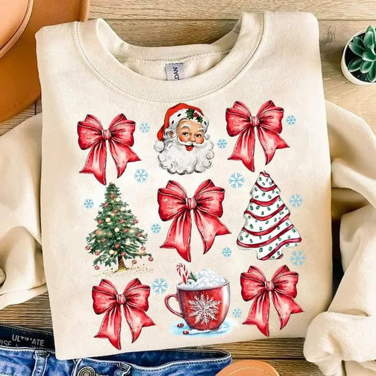 Coquette Christmas Sweatshirt, Coquette Christmas Bow Sweatshirt, Santa Christmas Shirt, Christmas Bow, Santa Hot Cocoa Candy Cane Christmas Tree Cake, Girly Xmas Shirt, Vintage Christmas Sweatshirt, Winter Holiday Gift Shirt