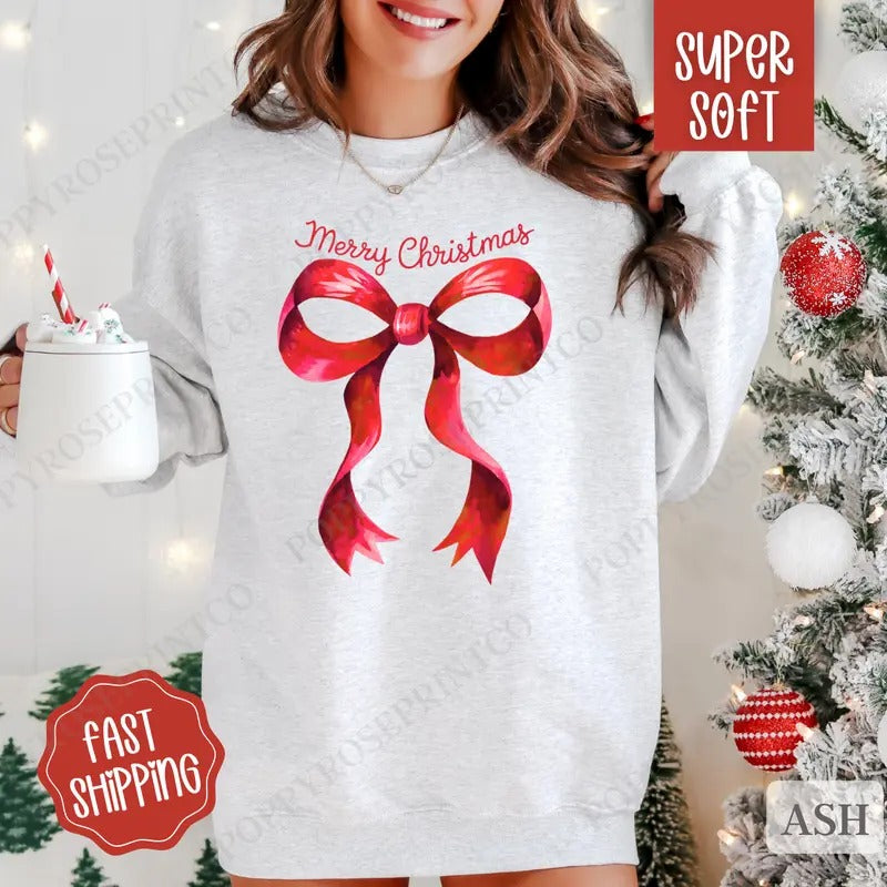 Coquette Christmas Sweatshirt, Preppy Merry Christmas Crewneck,  Womens Holiday Sweater