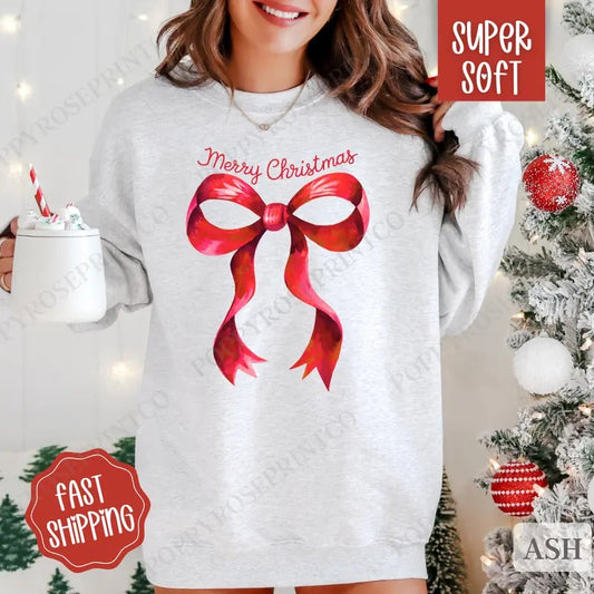 Coquette Christmas Sweatshirt, Preppy Merry Christmas Crewneck,  Womens Holiday Sweater