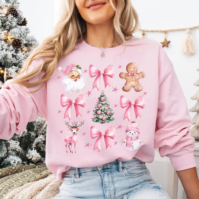 Coquette Christmas Sweatshirt, Pretty Pink Bows, Santas and Gingerbread Sweatshirt, Festive Holiday Crewneck, Soft Girl Christmas Sweater Cotton Fabric