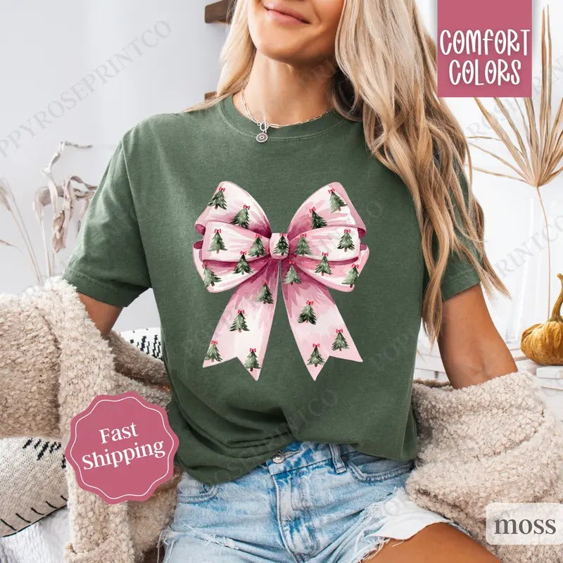 Coquette Christmas Tree Shirt, Christmas Tree Bow Tee,  Women's Holiday Tshirt