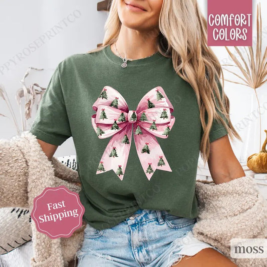 Coquette Christmas Tree Shirt, Christmas Tree Bow Tee,  Women's Holiday Tshirt
