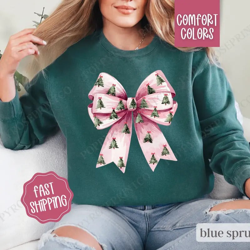 Coquette Christmas Tree Sweatshirt Comfort Colors, Christmas Tree Bow Crewneck,  Women's Holiday Sweater