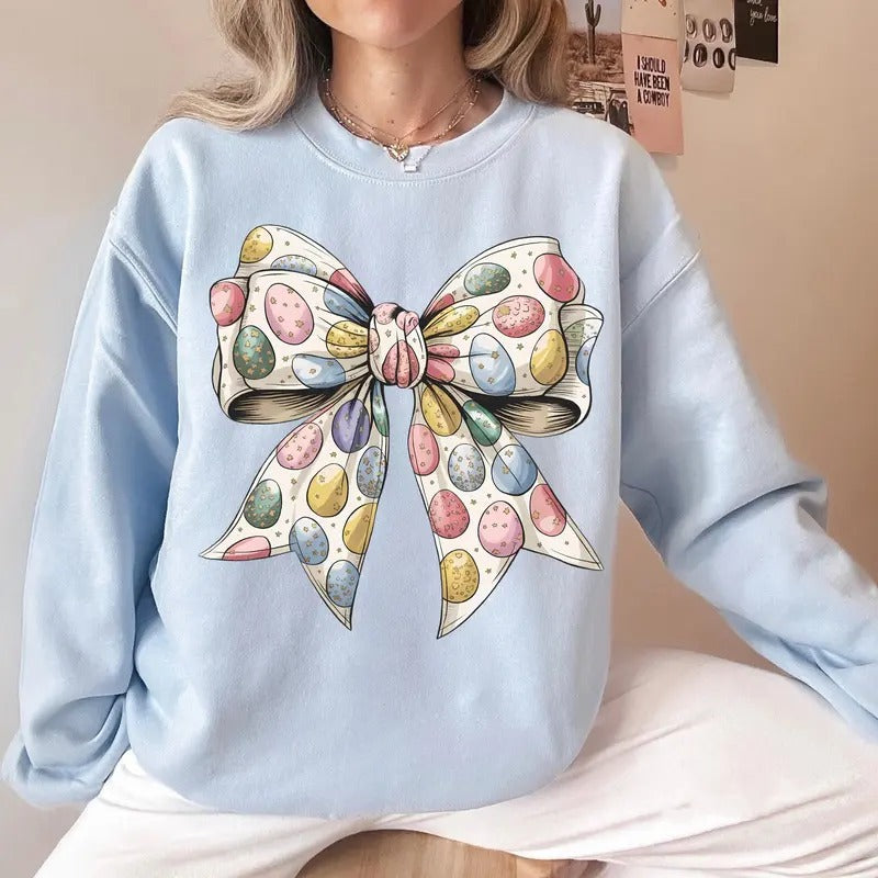 Coquette Easter Bow Sweatshirt, Easter Shirt, Happy Easter Sweatshirt, Coquette Easter Shirt, Colorful Eggs Easter Shirt,...