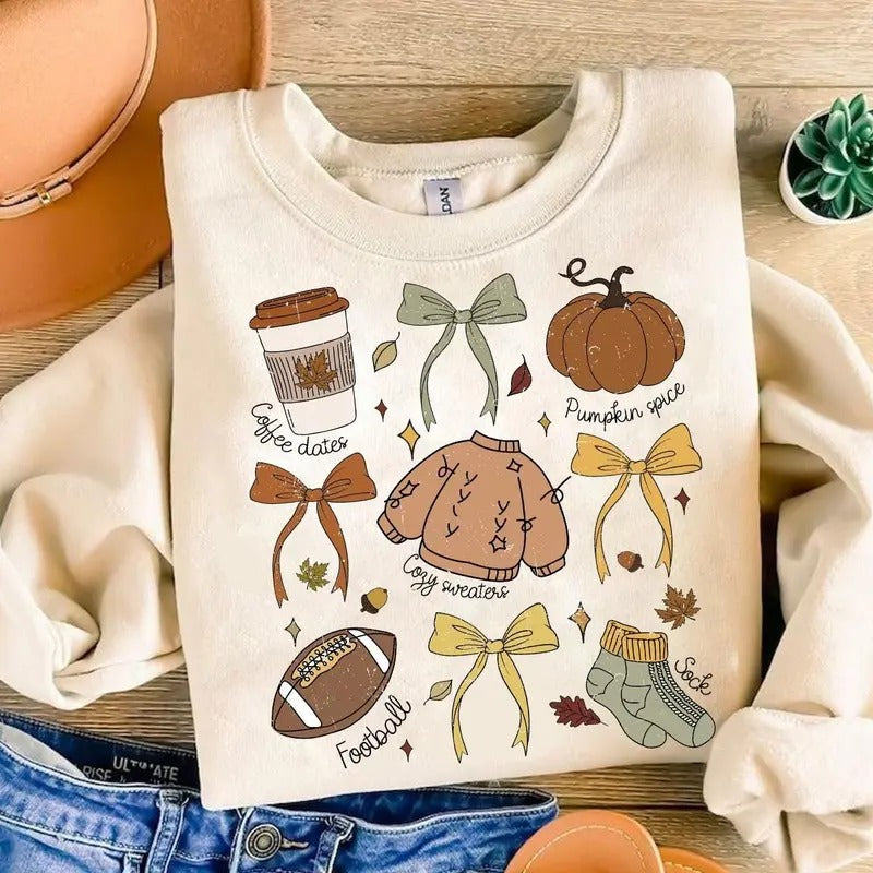 Coquette Fall Bow Sweatshirt, Sweater Weather Sweater, Autumn Girly Shirt, Cozy Season Sweatshirt, First Day Of Fall,...