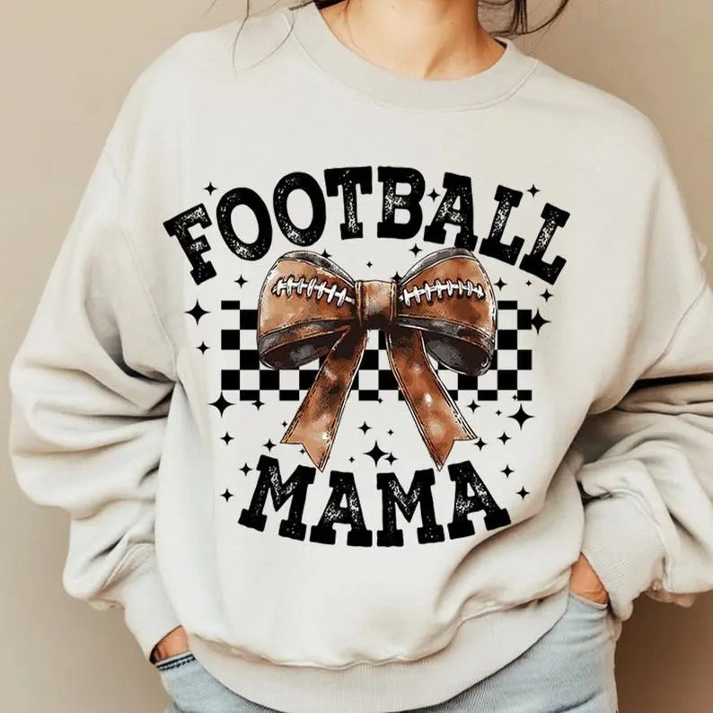 Coquette Football MAMA, Football Bow, Ash gray Football Sweatshirt, Game Day, Retro Football, Fall Football, Football Season Sport Casual Crewneck