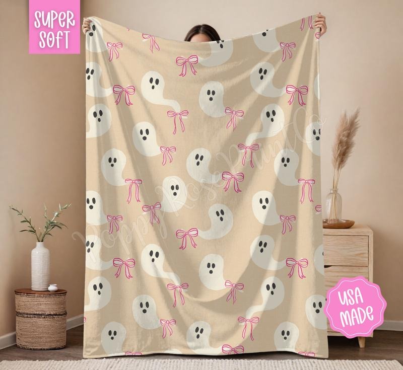Coquette Ghost Blanket Cozy Halloween Throw 100% Cotton Woven or Fleece Back Velvet Plush for Fall Home Decor Made in USA